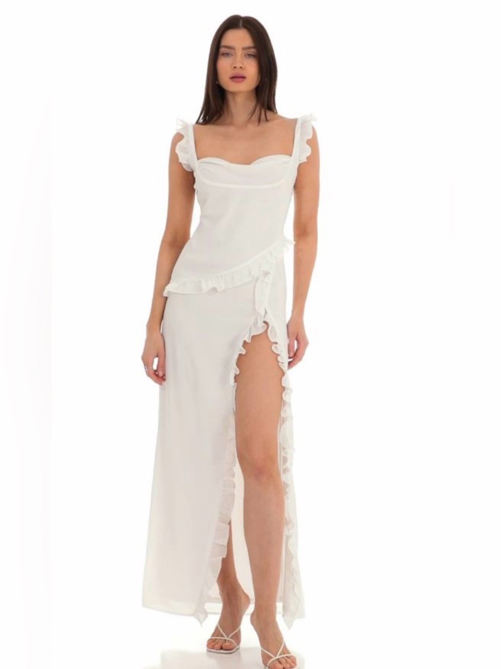 Lucy in the Sky White chiffon ruffled Satin Chemise maxi gown high slit medium
